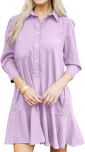 Women's Button Down Shirt Dress Loose Short Cotton Tunics Shift Dress Flowy Ruffle Hem Mini Dresses with Pockets Purple, X-Large