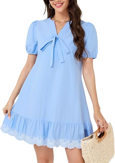 Women Puff Short Sleeve Mini Dress Bow Tie V Neck Ruffle Embroidered Summer Dress A Line Babydoll Sundress with Pockets