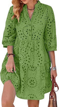 Women's 2025 Eyelet Lace Midi Dress V Neck Puff 3/4 Sleeve Button Tiered Sexy A Line Sun Dress